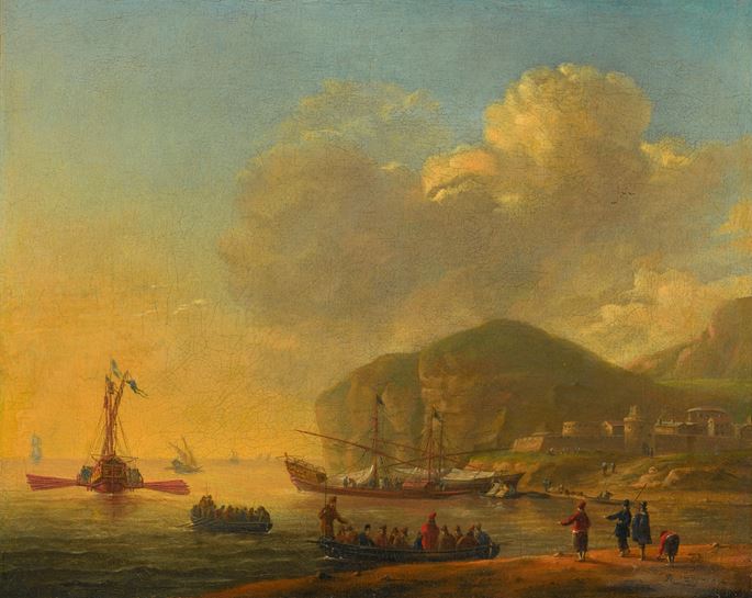 Reinier Nooms, called  Zeeman - Shipping before a Mediterranean Coast with a Fortified Town near a Cliff | MasterArt